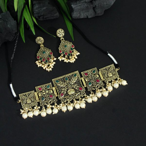 Maroon & Green Color Choker Oxidised Necklace Set-13013