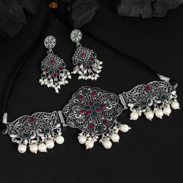 Maroon & Green Color Choker Oxidised Necklace Set-0