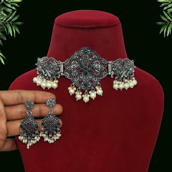 Maroon & Green Color Choker Oxidised Necklace Set-13021