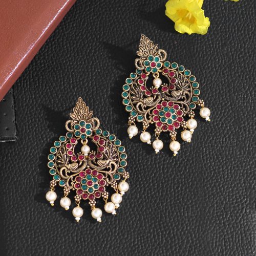 Maroon & Green Color Colorful Kundan Antique Earrings