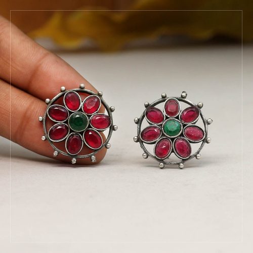 Maroon & Green Color Glass Stone Oxidised Earrings