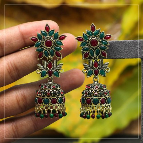 Maroon & Green Color Glass Stone Oxidised Earrings