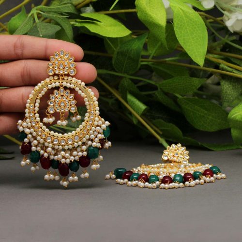 Maroon & Green Color Kundan Earrings