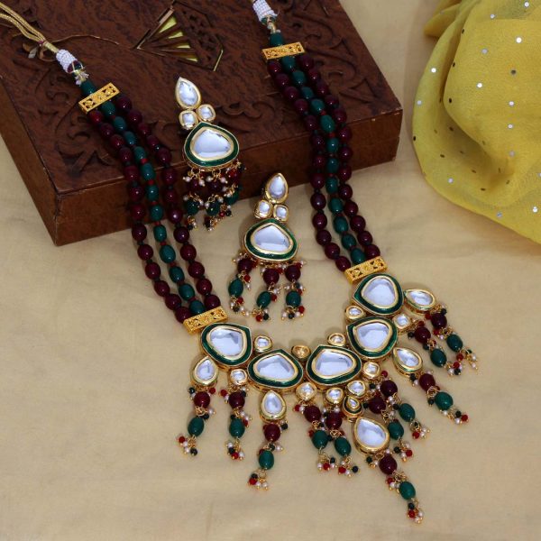 Maroon & Green Color Kundan Meena Necklace Set-0