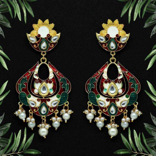 Maroon & Green Color Kundan Meenakari Earrings