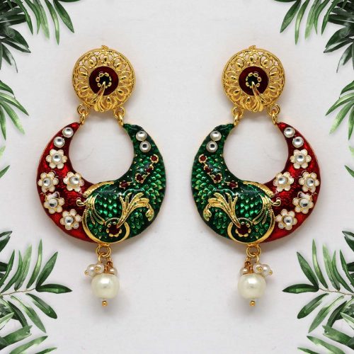 Maroon & Green Color Kundan Meenakari Earrings