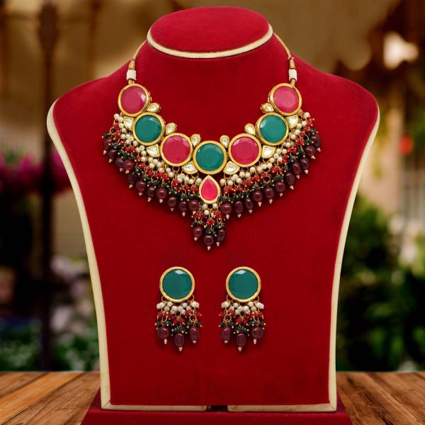 Maroon & Green Color Kundan Meenakari Necklace Set-0