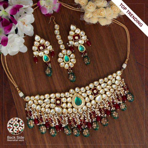 Maroon & Green Color Kundan Mint Meena Necklace Set