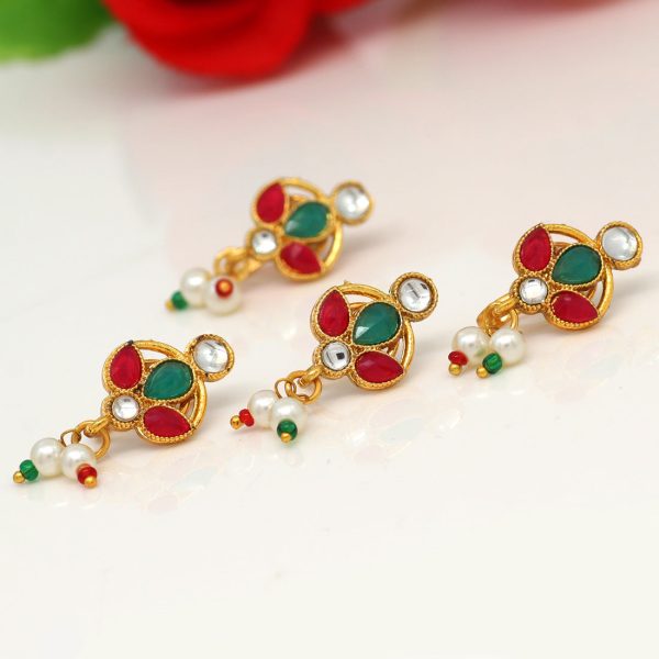 Maroon & Green Color Kundan Nose Pin Combo Of 4 Pieces-0