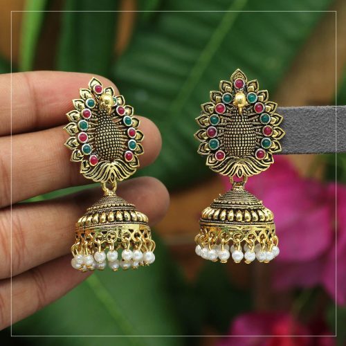 Maroon & Green Color Rhinestone Oxidised Earrings