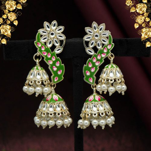 Mehendi Green Color Kundan Meenakari Earrings