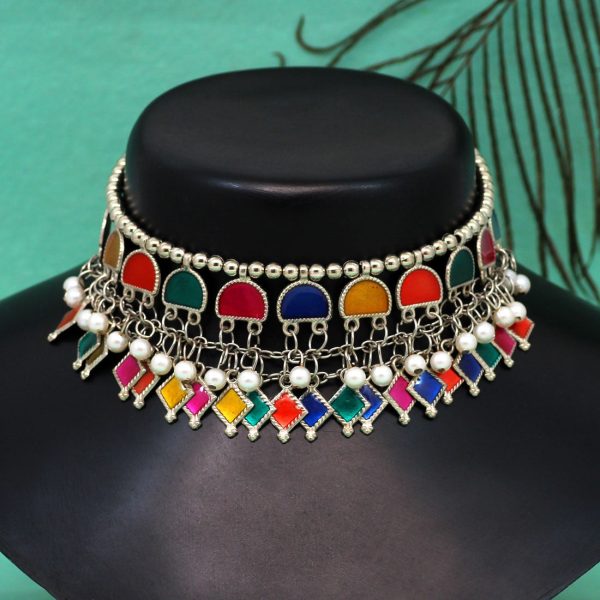 Multi Color Choker Oxidised Meena Necklace-12538