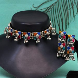 Multi Color Choker Oxidised Meena Necklace Set-0
