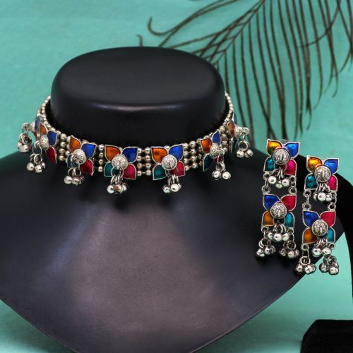 Multi Color Choker Oxidised Meena Necklace Set