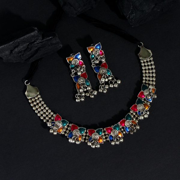 Multi Color Choker Oxidised Meena Necklace Set-12536