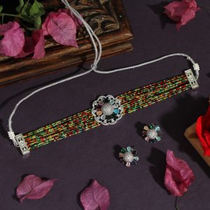 Multi Color Choker Premium American Diamond Necklace Set-0