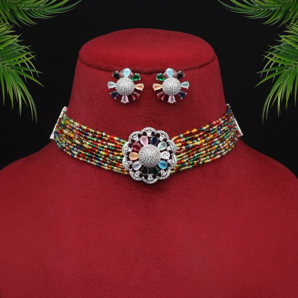 Multi Color Choker Premium American Diamond Necklace Set-4687