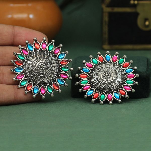 Multi Color Glass Stone Oxidised Earrings-12558