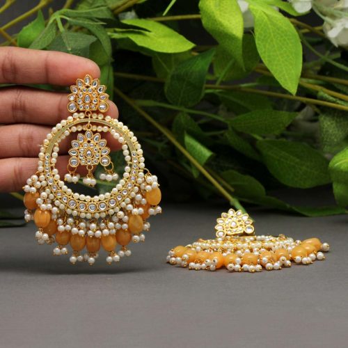 Mustard Yellow Color Kundan Earrings