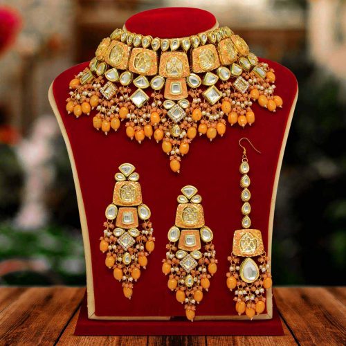 Mustard Yellow Color Kundan Meenakari Necklace Set