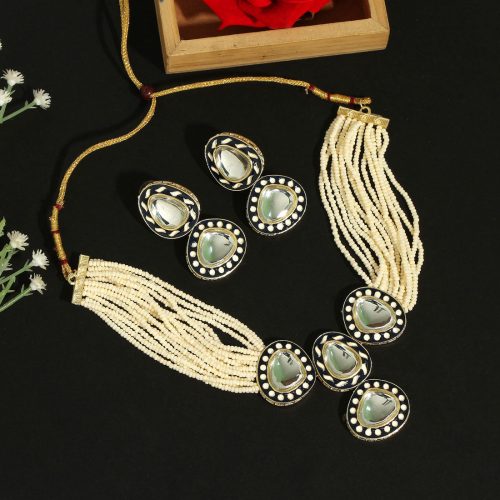 Navy Blue Color Choker Kundan Meenakari Necklace Set