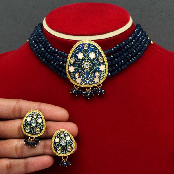 Navy Blue Color Kundan Meenakari Necklace Set-0