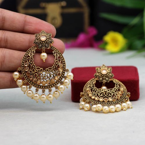 Off White Color Colorful Kundan Antique Earrings