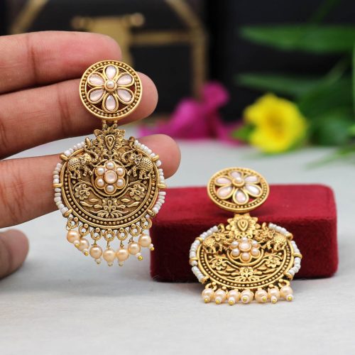 Off White Color Colorful Kundan Antique Earrings