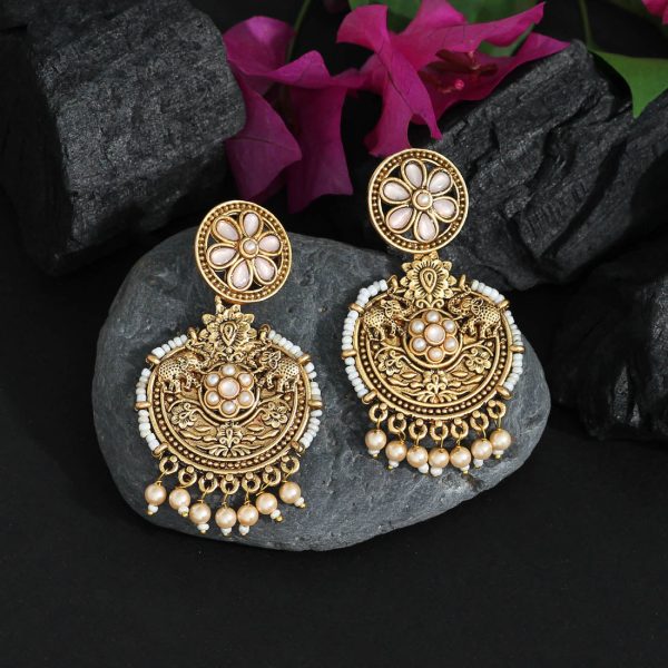 Off White Color Colorful Kundan Antique Earrings-14540