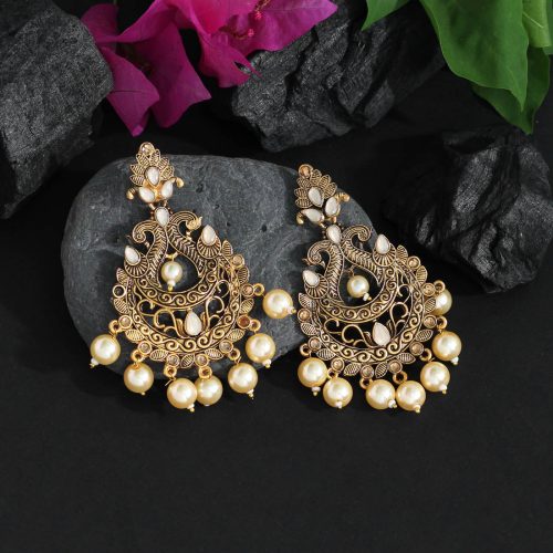 Off White Color Colorful Kundan Antique Earrings