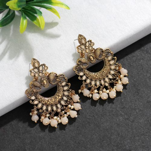 Off White Color Colorful Kundan Antique Earrings