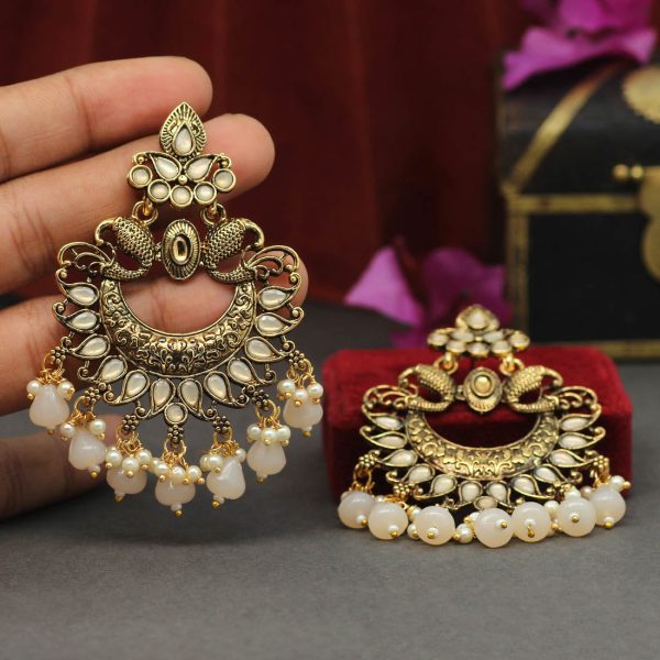 Off White Color Colorful Kundan Antique Earrings-14240