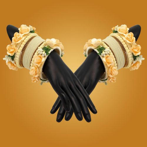 Off White Color Floral Bangles Set: 2.4