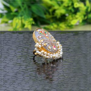 Off White Color Kundan Meenakari Finger Ring For Women-0