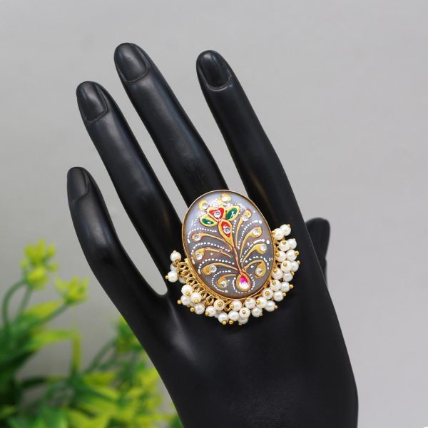 Off White Color Kundan Meenakari Finger Ring For Women-16003