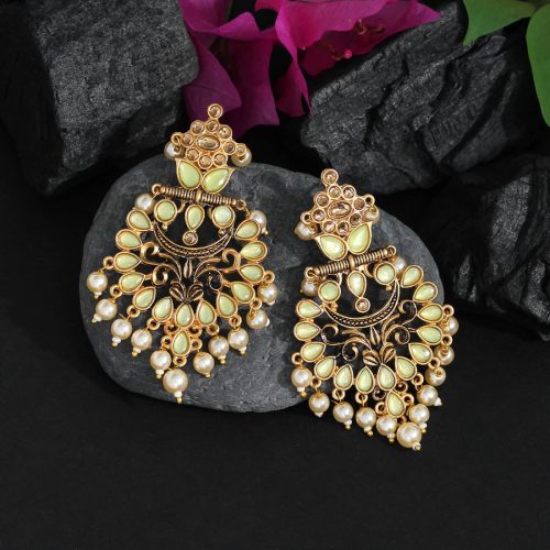 Olive Green Color Colorful Kundan Antique Earrings