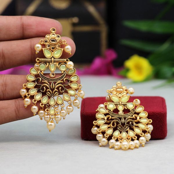 Olive Green Color Colorful Kundan Antique Earrings-12308