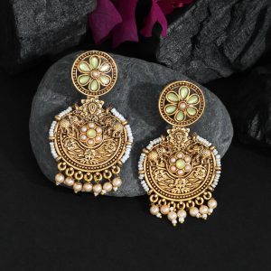 Olive Green Color Colorful Kundan Antique Earrings-0