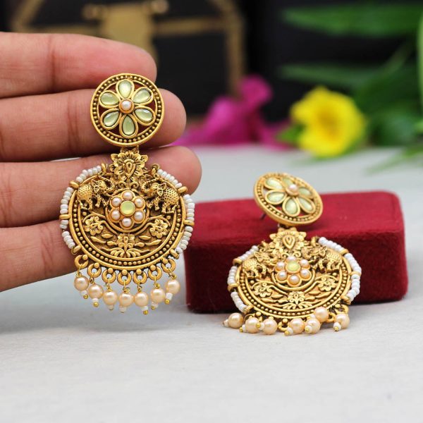 Olive Green Color Colorful Kundan Antique Earrings-14530