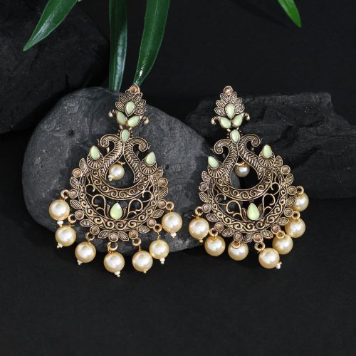 Olive Green Color Colorful Kundan Antique Earrings