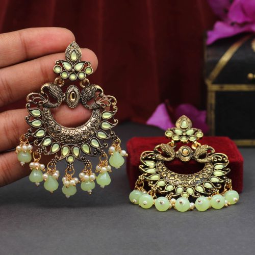 Olive Green Color Colorful Kundan Antique Earrings