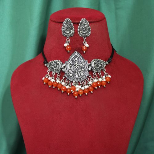 Orange Color Choker Oxidised Necklace Set