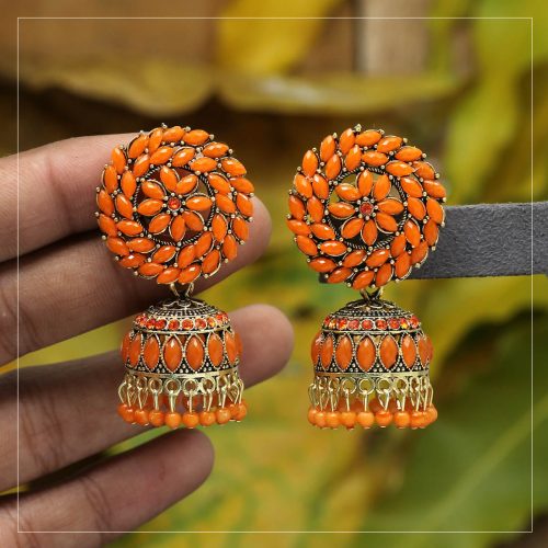 Orange Color Glass Stone Oxidised Earrings