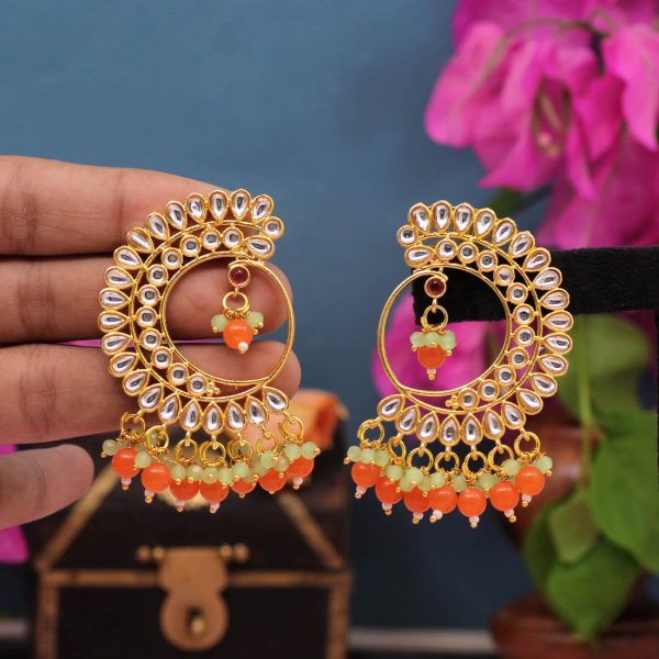 Orange Color Kundan Earrings-11641