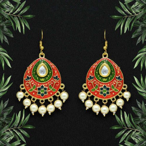 Orange Color Kundan Meenakari Earrings