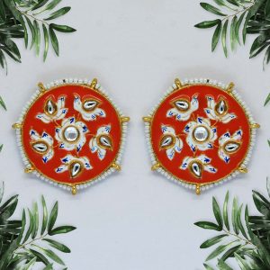 Orange Color Kundan Meenakari Earrings-0