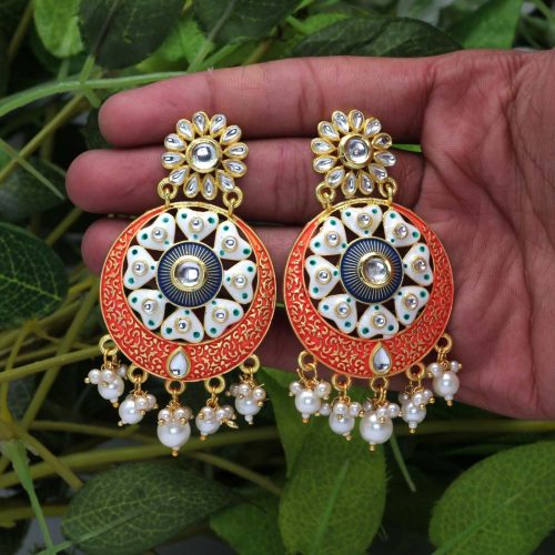 Orange Color Kundan Meenakari Earrings