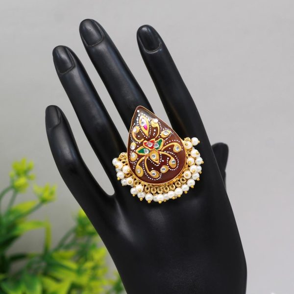 Orange Color Kundan Meenakari Finger Ring For Women-15977