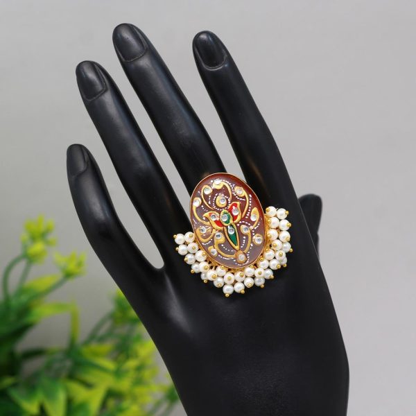 Orange Color Kundan Meenakari Finger Ring For Women-15995