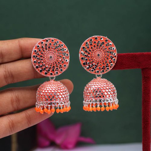 Orange Color Oxidised Mint Meena Earrings